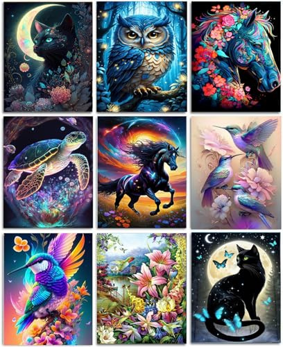 Mrnsiet 9 Pack Animals Diamond Painting Kits for Adults-5D DIY Diamond Art Kits for Adults, Paint by Diamonds Gem Art Kits for Adults for Gift Home Wall Decor(9 Pack,12x16inch)