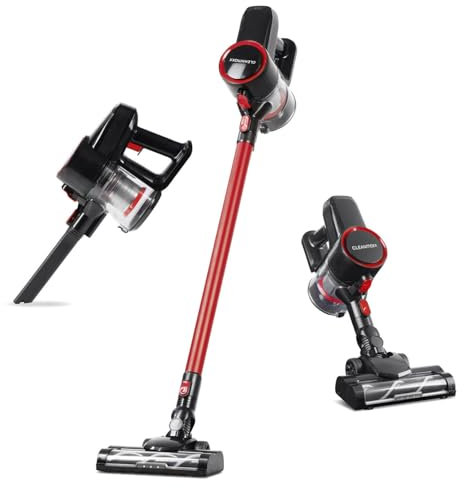 CLEANmaxx kabelloser Akku-Zyklon-Staubsauger | Leistungsstarker Handstaubsauger inkl. 800 ml beutellosem Staubbehälter | Bodensauger mit Edelstahl- & HEPA-Filter | Mit elektr. Bodendüse & LED-Licht