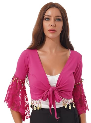 Hansber Costume da Danza del Ventre per Donne Top Manica A Tromba Blusa Corta Maglietta da Ballo con Pizzo Frange Nappe Top Avvolgente Senza Pancia Legatura Frontale Rosa Acceso L