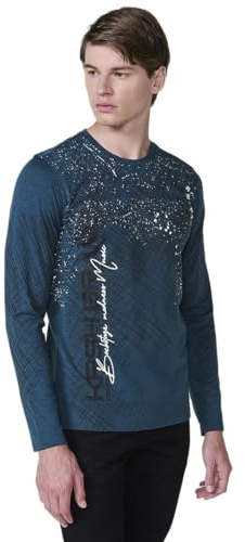 Koroshi Camiseta de Hombre Verde de Manga Larga, 100% algodón, con Cuello Redondo con Abertura y Estampado Delantero., de Color Petroleo/Dark Green, Talla L
