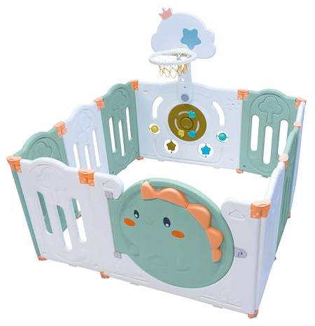 Parque Bebe Plegable con Panel de Actividades y Canasta – Corralito Infantil HDPE, Puerta con Cierre de Seguridad, Ventosas Antideslizantes, Interior y Exterior – ASALVO Dino