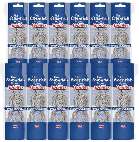 Spontex The Essentials Tough Metal Scourers | Stainless Steel Scouring Sponges | Heavy Duty for Easy Washing Up, Grease Removal and Dish Scrubbing | 12 x 4 Pack (48 Total)