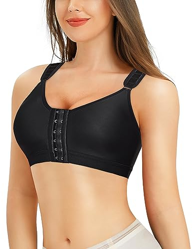 Bafully Women Post-Surgical Sports Support Bra Front Closure with Adjustable Straps Wirefree Racerback (Black, S)