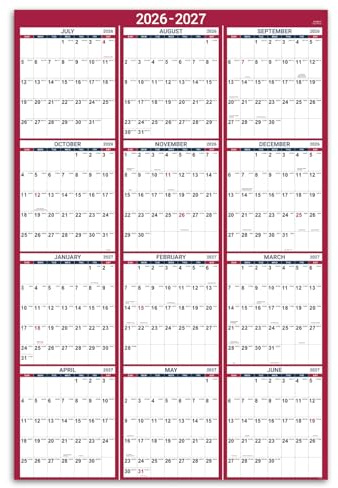 2026-2027 Yearly Wall Calendar - 2026-2027 Calendar, July 2026 - June 2027, 34.4 x 22.8(Open), Yearly Wall Calendar 26-27, Vertical Layout, Double-Sided Round Stickers, Large Calendar - Red