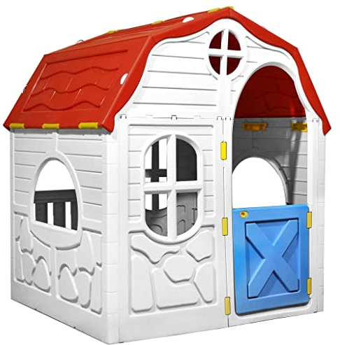 vidaXL Kids Foldable Playhouse with Working Door and Windows Outdoor Play Equipment Lockable Garden Kids Cottage House Imagination Toy