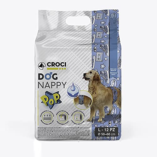 Croci Dog Nappy - Banda Absorbente para Perros machos Talla L, diámetro 50-60 cm, Bragas de pañal higiénico, Cierre Adhesivo Ajustable, 12 Unidades