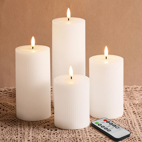 Eywamage 4-pack vita flamlösa pelarljus med fjärrkontroll, flimrande höga LED-batteri vaxljus Φ 7,6 cm H 10,16 cm 12,7 cm 15,2 cm (5 tum) 20,3 cm (8 tum)
