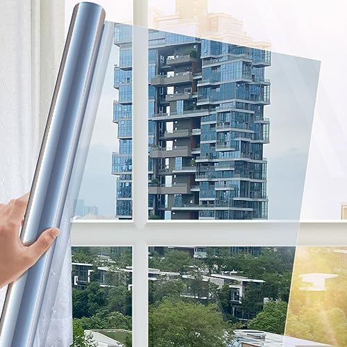 Hoonng Fensterfolie von Innen Durchsichtig von Aussen Blickdicht Silbrig Spiegelfolie Sonnenschutz Selbsthaftend Sichtschutz, 44.5x200cm