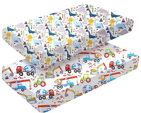Lot de 2 draps-housses pour lit enfant, 140 x 70 cm, pour fille et garçon, facile à entretenir, coton doux et résistant, motif unique de voitures et de dinosaures