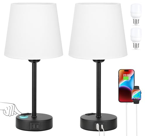 Kakanuo Nachttischlampe Touch Dimmbar 2er Set, Tischlampe mit Ladefunktion USB A+C-Anschlüssen Steckdosen 2 LED Birnen, Weiß-Lampenschirm, Kleine Lampe für Schlafzimmer Wohnzimmer Babyzimmer Büro