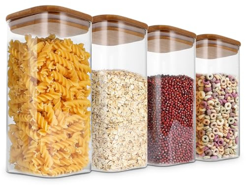 WOPPLXY Lot de 4 Bocaux en Verre Hermétique, 1500ml Bocaux Rangement Cuisine, Bocauxs Verre Couvercle Bois pour Conserver les Grains de Café, Noix, Biscuits, Pâtes, Grains