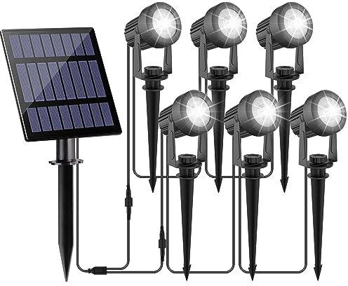 NATPOW Focos Led Exterior Solare, Luces Solare Lámparas Solares 6-en-1 para Jardín al Aire Libre, IP65 Impermeable, 2 Niveles de Brillo Iluminación para Árboles, Patio, Caminos(6000K)