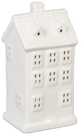 Relaxdays Casetta Portacandele in Ceramica, Casa Luminosa Porta-Tealight, per 1 Candelina, HLP: 14,5 x 7 x 6 cm, Bianco