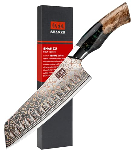 SHAN ZU Couteaux Santoku Damas 18cm, Couteau de Cuisine en Cuivre et Acier Damas 33 Couches, Couteau Japonais Santoku Professionnel Forgé à la Main avec Manche en Bois d'érable - VENUS Series