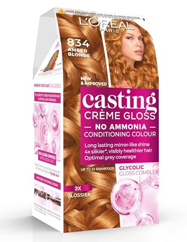 L’Oréal Paris Ammonia Free Semi-Permanent Hair Dye, 834 Blond Ambre, Natural Looking Finish, For up to 28 Shampoos, Casting Crème Gloss, 1 Application
