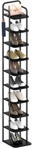 Hzuaneri Vertical Shoe Rack for Small Spaces, Black | 10-Tier, 26.5 cm Wide, Wood Shoes Organizer with 2 Hooks for Closet, Entryway, Freestanding, SR11204B