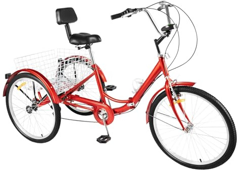 24 tum fällbart hjul trehjuling, trehjuling för vuxna, 7-växlad cykel vikbar med korg, ryggstöd och LED-framlampa, lastkapacitet 120 kg, justerbar höjd för vuxna, äldre och nybörjare (röd)