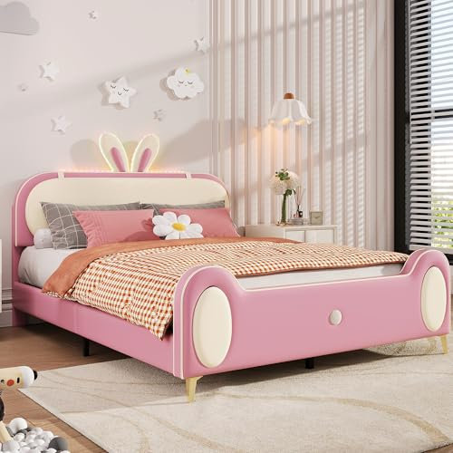 Merax Kinderbett 140x200cm, Polsterbett LED Doppelbett mit Lattenrost & Fußteil, süßes Kopfteil mit Hasenohren, Jugendbett Bettgestell für Kinderzimmer Gästezimmer, PU, ohne Matratze, Rosa & Beige