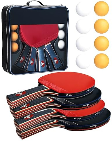 LEIJIAER Table Tennis Set – 4 Premium Ping Pong Paddles (2 Blue, 2 Pink), 8 Balls & Carrying Case – Professional Table Tennis Bats for Indoor/Outdoor Play