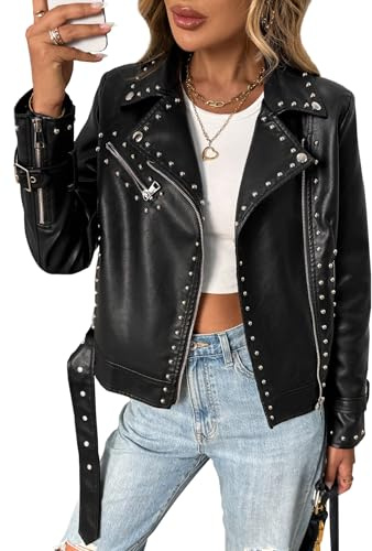 LY VAREY LIN Studded Faux Leather Moto Jacket Women Black PU Biker Coat with Rivets Punk Style (US, Alpha, Large, Regular, Regular, Black)