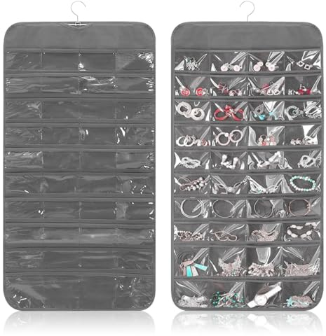 XMDROU Hanging Jewellery Organiser, Jewelry Organiser with 80 Clear Pockets, Large Capacity Necklace Storage for Necklaces, Earrings, Bracelets, Hangs on Door,Wall
