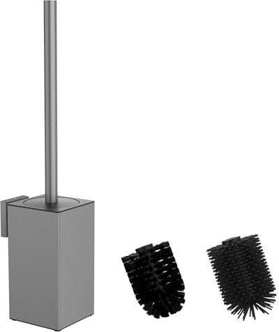 Mozmmhi Escobilla de inodoro de acero inoxidable 304, juego de escobillas para inodoro con montaje en pared y soporte para escobillas, incluye 2 cabezales de cepillo (gris cuadrado)