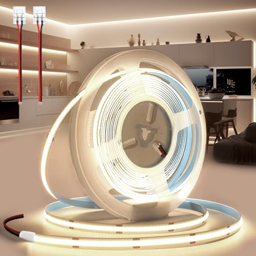 BRIMETI Luces LED COB Tira LED 12V 5M Autoadhesivo Luz Blanca Natural 4000K Luces 320LED/M Flexible Cortable Ancho 8mm Con Conector, para Dormitorio Sala Gabinete Estar (Sin Fuente de Alimentación)