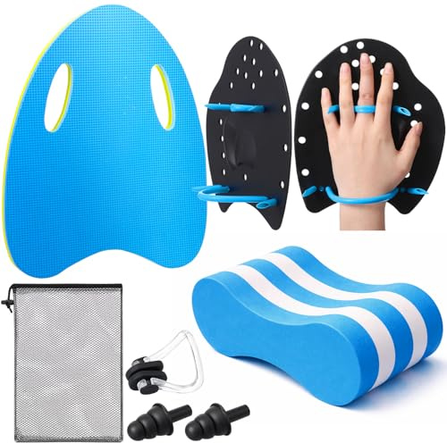LaRandom 1 Set Swimming Pool Training Kit Swim Paddles Pull Buoy and A-Type Kickboard with Nose Clip Ear Plugs for Pool Training Aids for Swimmers & Beginners Stroke Technique(Black and Blue)