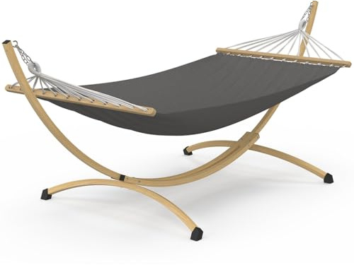 IDMarket - Hamac XL avec Support métal Effet Bois et Toile Grise