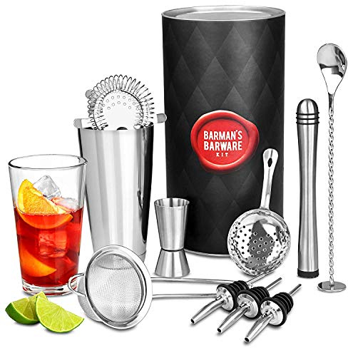 barman's barware kit by bar@drinkstuff | Premium with Boston tin & Glass, Jigger Measure, Muddler, Twisted Mixing Spoon, Pourers, Hawthorne Strainer, Julep Conical Sieve