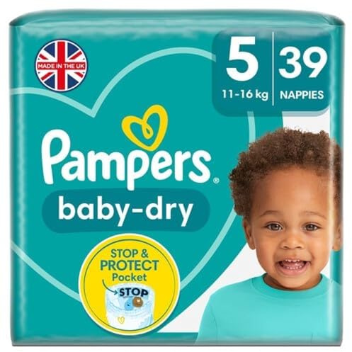 Pampers Baby-Dry Size 5, 39 Nappies, 11kg-16kg, Essential Pack, with A Stop & Protect Pocket at the back for up to a 100% Leak-Free Night