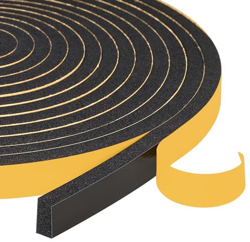 Yotache Draught Excluder Tape for Doors 2 Rolls 12mm Wide X 6mm Thick, Black Foam Seal Tape for Sliding Door Jamb, Front Door Frame Windows Insulation, 8m Length (2 X 4m Each)