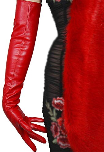 DooWay Red Long Leather Gloves - 24 Women's Faux Leather Opera Gloves for Evening, Halloween, Cosplay