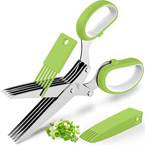 POROMI Herb Scissors Set - Cool Kitchen Gadgets for Cutting Fresh Garden Herbs - Herb Cutter Shears with 5 Blades and Cover, Sharp and Anti-Rust Stainless Steel, Dishwasher Safe (Green-White)