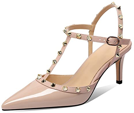 XINIUNIU Studded Kitten Heels for Women Nude Stiletto Sandals with Buckle Strap Rivet Patent Leather Pointy Toe 2.5 Inch Studs Party Daily Wear Evening Sandals Size 7