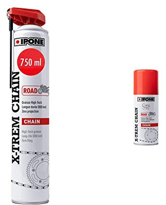 IPONE - Graisse de Chaîne pour Moto de Route X-trem Chain Road – Flacon Aérosol à Diffuseur Multi-positions 750 ml - Tenue durée 800 km & Graisse de Chaîne pour Moto Route X-trem Chain Road – 100 ml