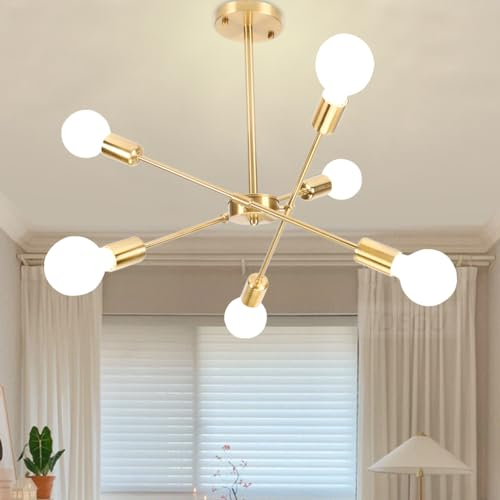 iDEGU Lámpara de Techo Vintage, 6 Luces Lámpara de Araña Industrial Φ50cm Plafón LED Techo Moderno de Metal Orientable E27 Iluminación de Techo para Salón, Dormitorio, Comedor, Cocina (Dorado)