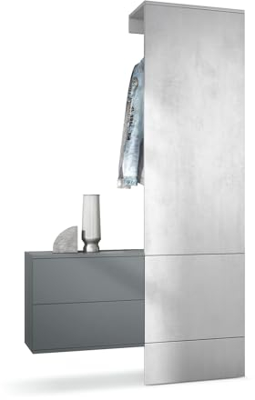 Vladon Garderobe Carlton Set 2, Made in Germany, Wandgarderobe aus Deko-Paneel & hängender Schubladen-Kommode, Anthrazit matt/Beton Oxid Optik (105 x 193 x 35 cm)