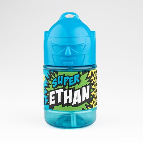 Bouteille personnalisée pour enfant, gourde d'eau avec paille - Super Ethan, Bleu