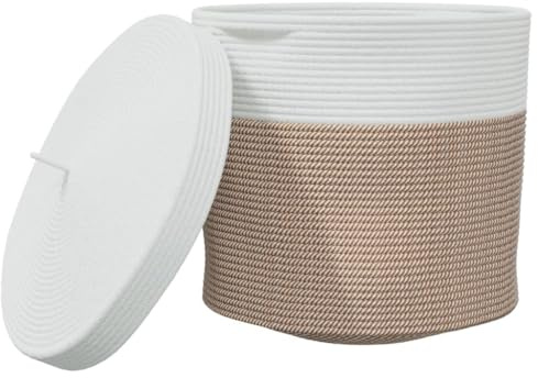 vidaXL Förvaringskorg med lock brun och vit Ø40x35 cm bomull, fruktkorg, äggkorg, leksaksförvaringskorg, leksakskorg, grönsakskorg