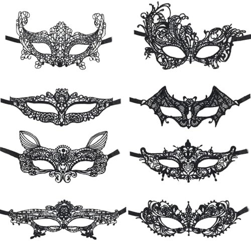 TRKETK 8 Stück Maskerade Maske, Schwarze Spitze Partymasken Halbes Gesicht Venezianische Spitzenmaske Sexy Lady Girl Spitzen Augenmaske für eleganten Abschlussball Karneval Party Kostüm Ball Karneval
