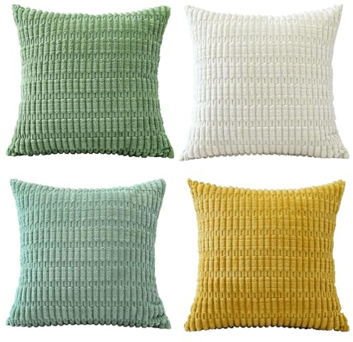 Sungeek 4er Set Kordsamt Kissenbezüge, Dekorativ Zierkissenbezüge Weich Kissenbezug Dekokissen Sofakissen Couchkissen Deko Bezug Kissenhülle für Sofa Schlafzimmer Wohnzimmer (Grün Gelb Weiß, 40x40 cm)