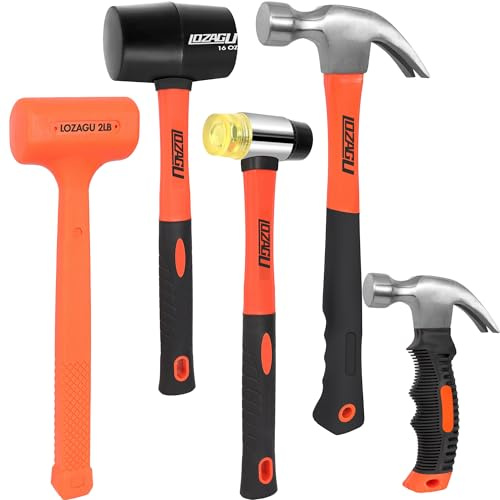 LOZAGU 5-Piece Hammer Set, 2LB Dead Blow Hammer | 16oz Claw Hammer | 16oz Rubber Mallet | 35mm Double-Faced Soft Mallet | 8oz Small Hammer