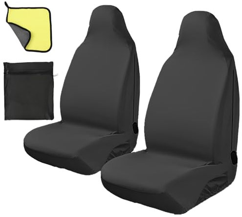 JRJRN 2Pcs Waterproof Front Car Seat Cover, Heavy Duty Universal Auto Seat Protector, Airbag Safe Van Seat Covers Pair, Driver Passenger Seat Protector with Towel Storage Bag for Dogs Children Sports