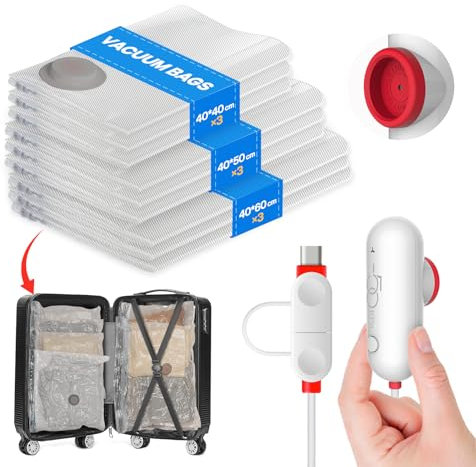 Vacbird Bolsas Vacio Ropa con Bomba USB, 9 Bolsas de Vacio Para (3x 40x40 cm, 3x 40x50 cm, 3x 40x60 cm), Ahorra Espacio Para Ropa, Maletas y Adecuado Para Viaje y Hogar, Resistente y Reutilizable