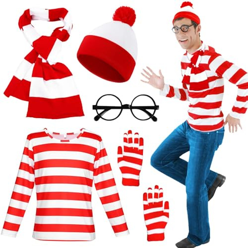 Ensemble de 5 pièces à rayures rouges et blanches pour adulte - Costume de cosplay avec chemise à manches longues, bonnet, lunettes, écharpe, gants, déguisement pour la journée mondiale du livre,