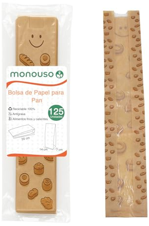 Monouso | 125 Bolsa de Papel Kraft Ventana Panes 36g/m² | 14+7x55 cm | Bolsas para Guardar la Barra de Pan | Panadería, Hornos, Pastelería y Supermercado