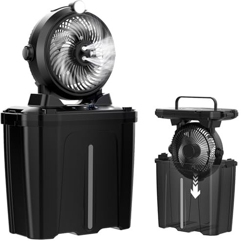 XTTANK Ventilateur Camping avec Seau de 11L & LED, 20000mAh Batterie Ventilateur Brumisateur Portable, 3 Vitesses, 3 Modes de Brumisation, Oscillation Verticale à 45°, Camping/Pêche/Voyage
