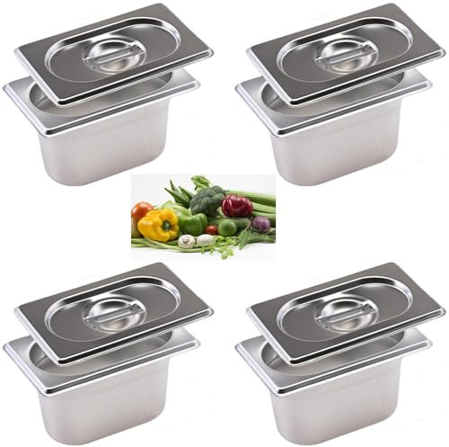 ORFCP 4 Stück Behälter 1/9 Edelstahl mit Deckel, 100 mm Höhe Warmhaltebehälter Essen, lebensmittelechter Gastronormbehälter aus Edelstahl, Hitzebeständiger Gastro Behälter, 17,5 x 11 x 10 cm