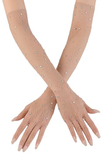 Blausky 1 par dam näthandskar, fisknät fingerlösa handskar långa handskar med strass nätärmar nät armvärmare för retro party disco, 80-tals 90-talet fest cosplay, svart, Beige, 46cm